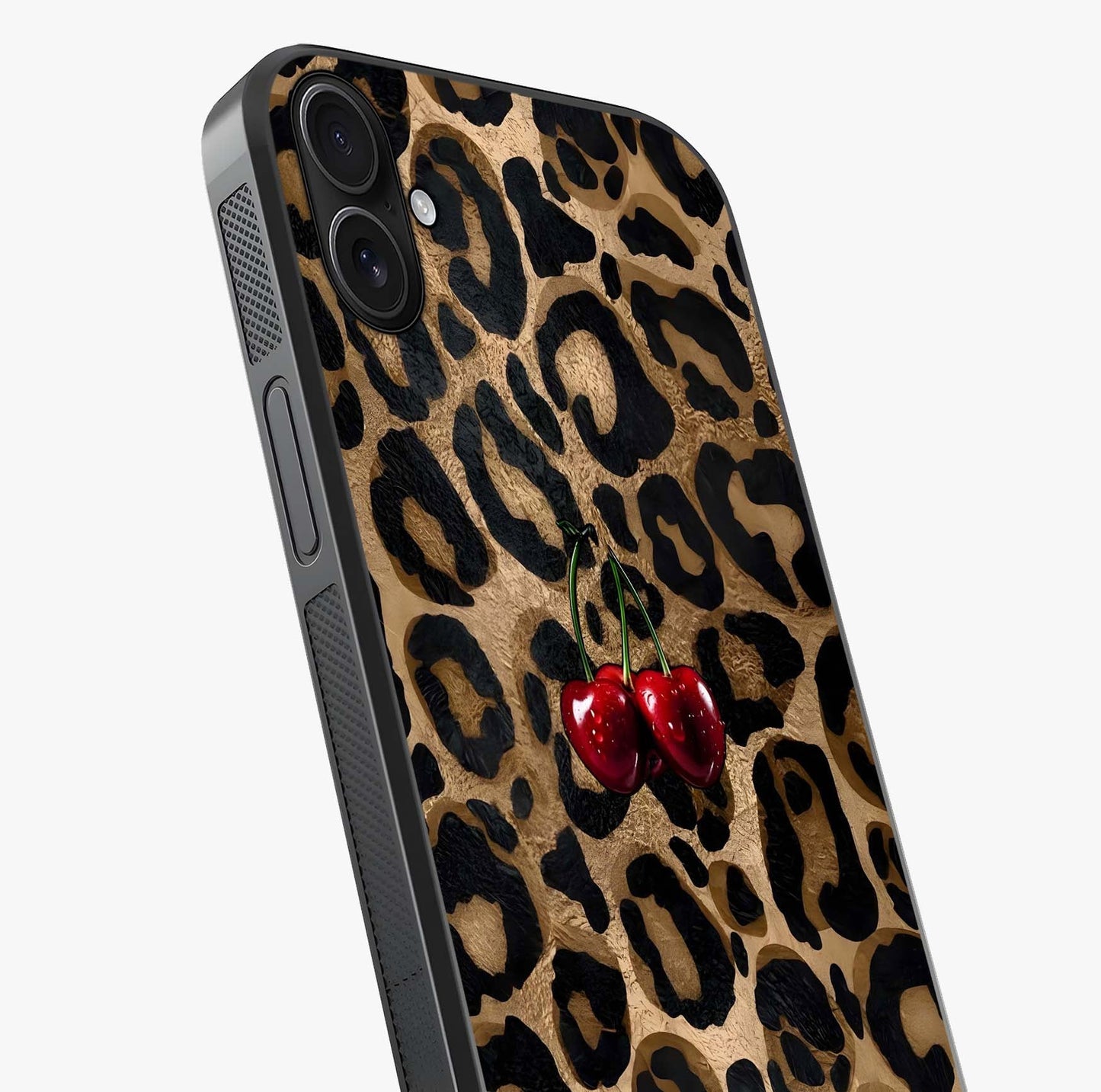 Leopard Wild Cherry Glass Case captured at a warm angle highlighting gloss, texture and premium glass finish.