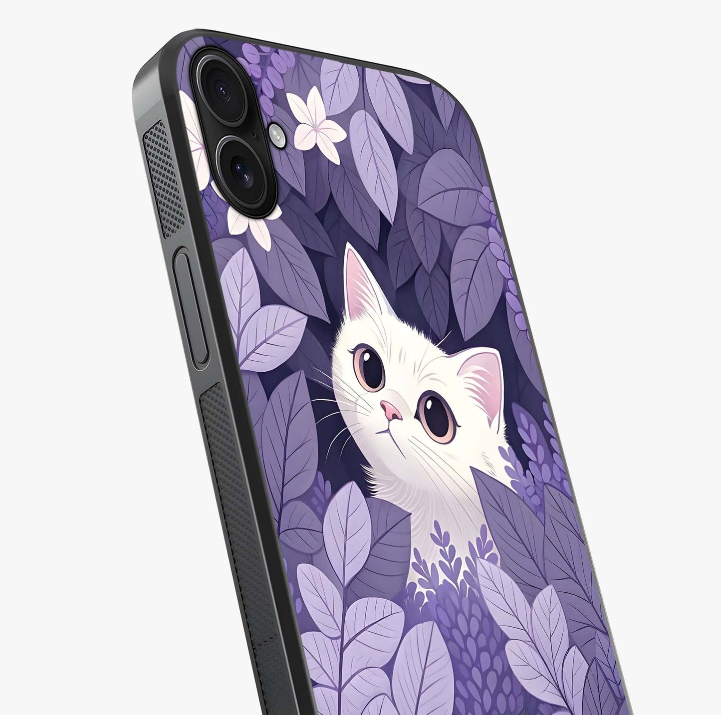 Lilac Hide Peek Cat Glass Case captured at a warm angle highlighting gloss, texture and premium glass finish.