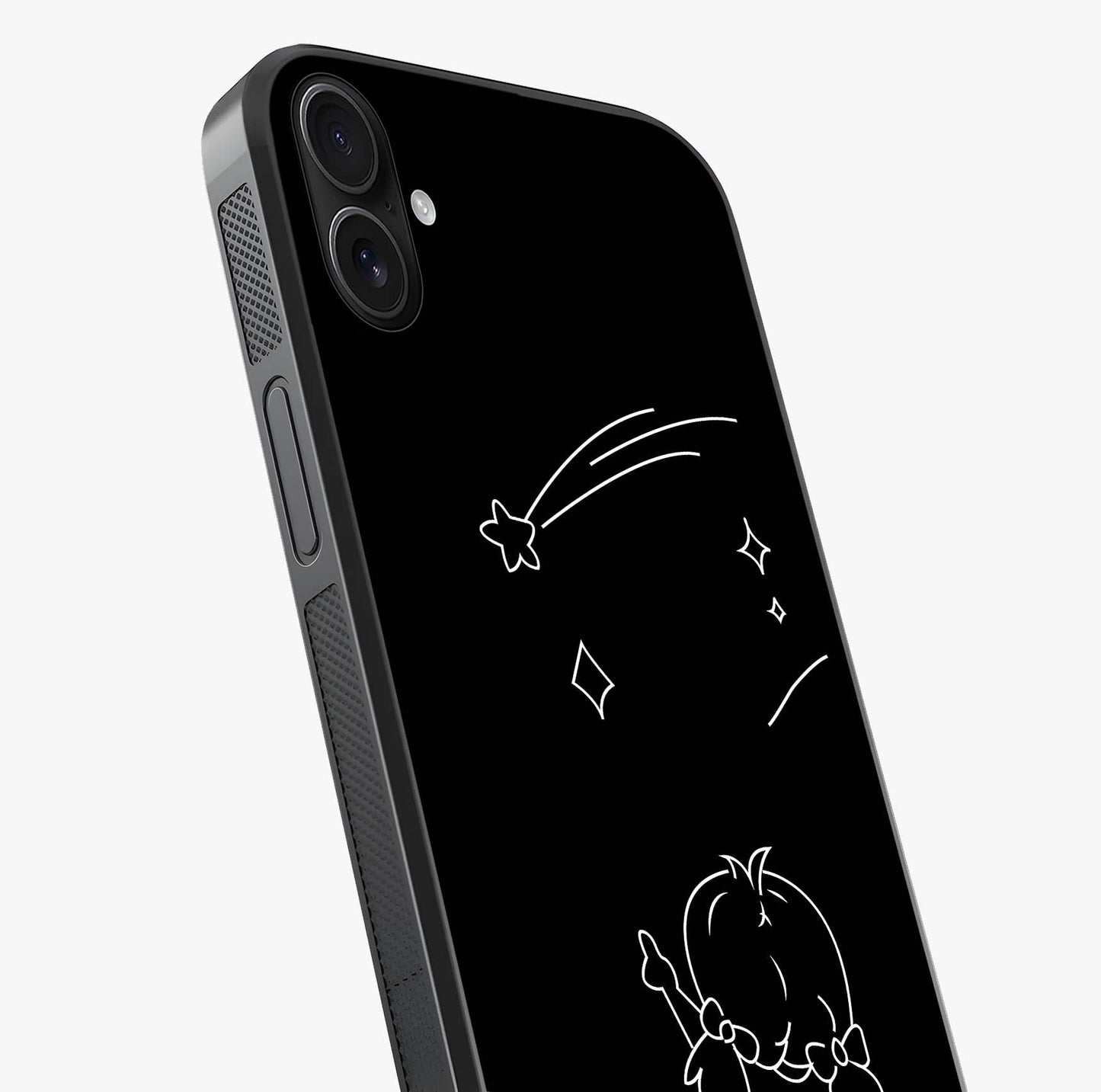 Line Art Girl With Shooting Stars Glass Case captured at a warm angle highlighting gloss, texture and premium glass finish.