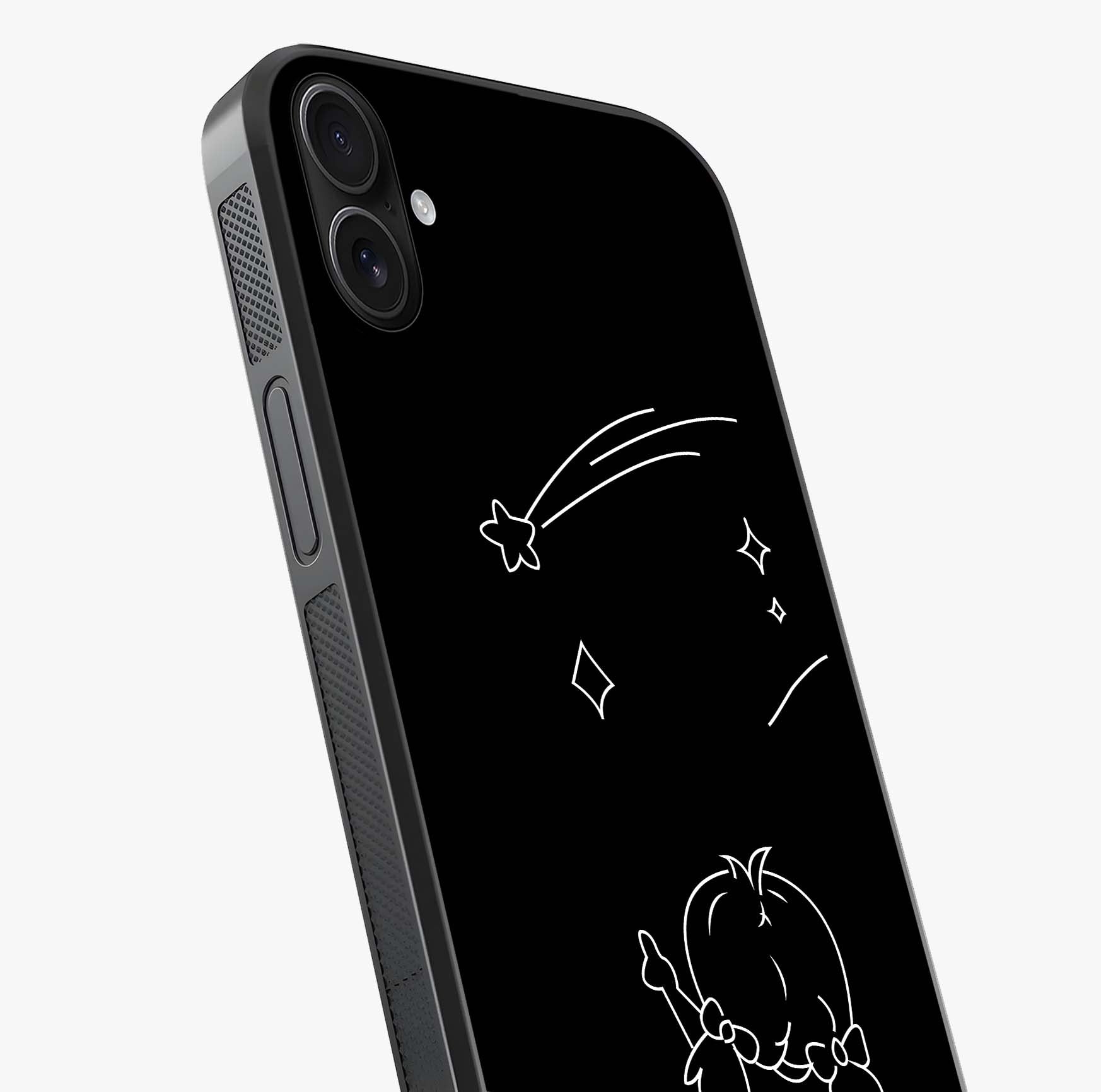 Line Art Girl With Shooting Stars Glass Case captured at a warm angle highlighting gloss, texture and premium glass finish.