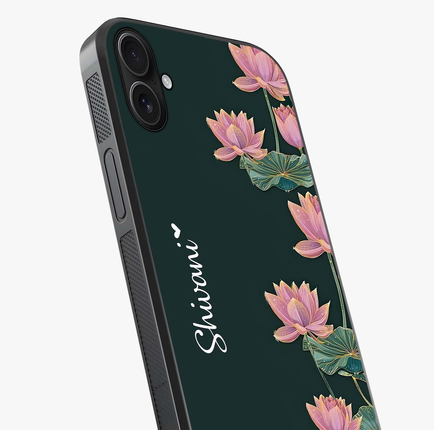 Lotus Bloom Serenity Custom Name Glass Case captured at a warm angle highlighting gloss, texture and premium glass finish.