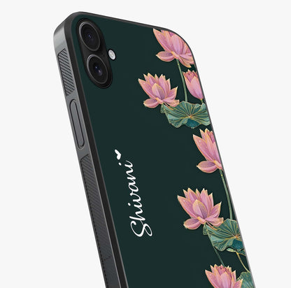 Lotus Bloom Serenity Custom Name Glass Case captured at a warm angle highlighting gloss, texture and premium glass finish.
