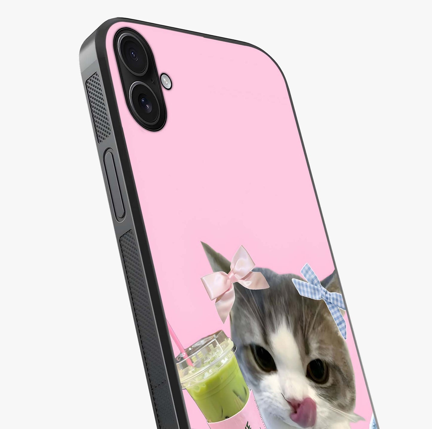 Love Matcha Cat Glass Case captured at a warm angle highlighting gloss, texture and premium glass finish.