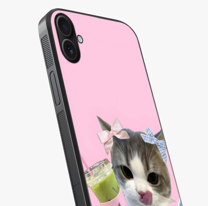 Love Matcha Cat Glass Case captured at a warm angle highlighting gloss, texture and premium glass finish.