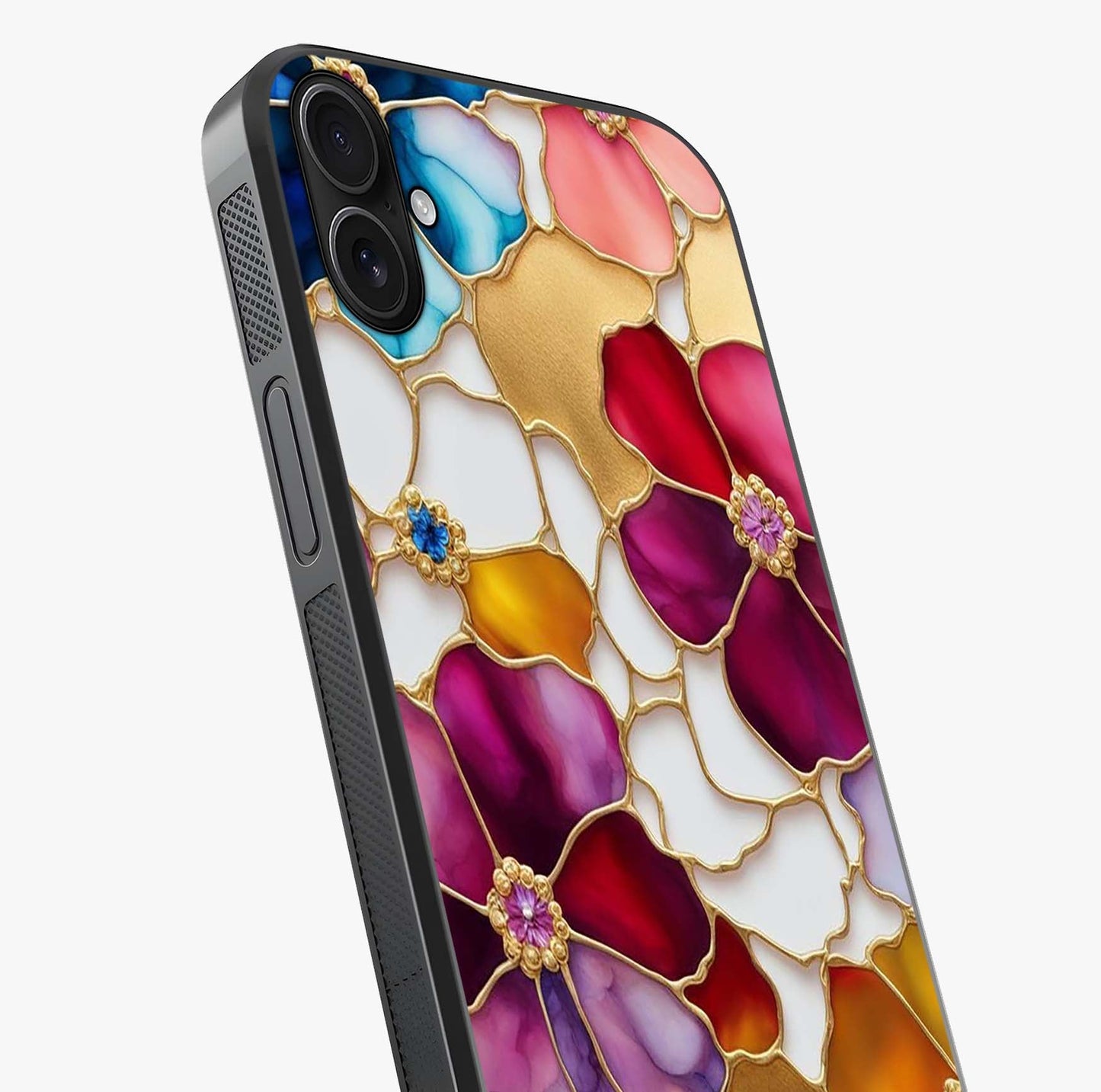 Marble Flower Pattern Glass Case captured at a warm angle highlighting gloss, texture and premium glass finish.