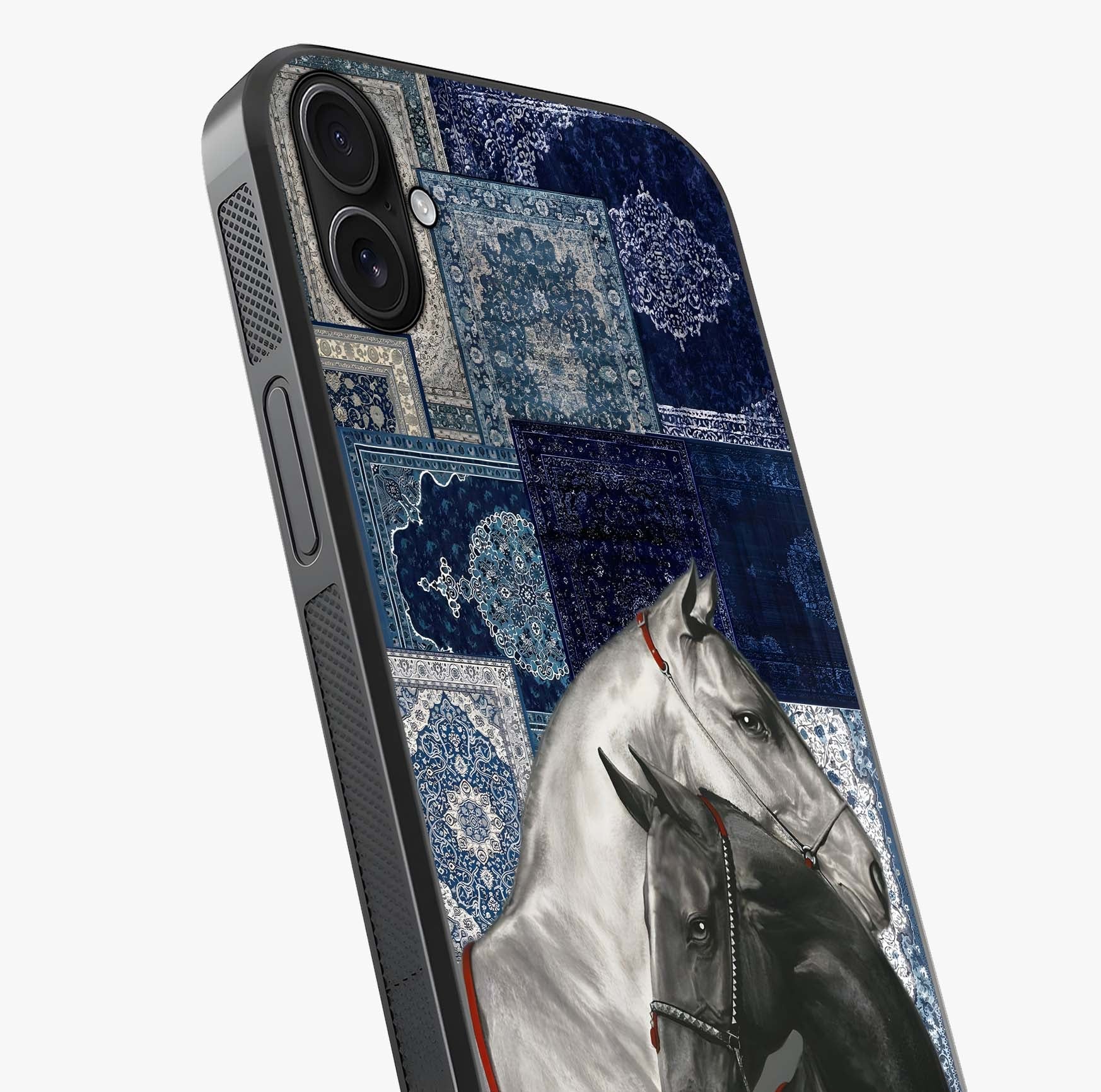 Midnight Stallion Blues Glass Case captured at a warm angle highlighting gloss, texture and premium glass finish.