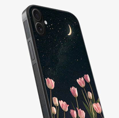 Midnight Tulip Whispers Vibe Glass Case captured at a warm angle highlighting gloss, texture and premium glass finish.