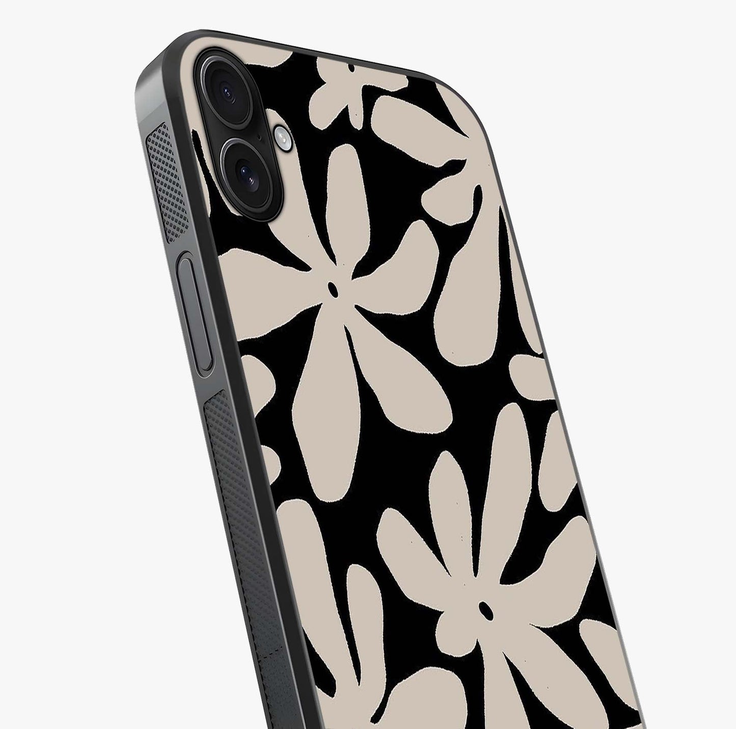Monochrome Petal Dance Glass Case captured at a warm angle highlighting gloss, texture and premium glass finish.