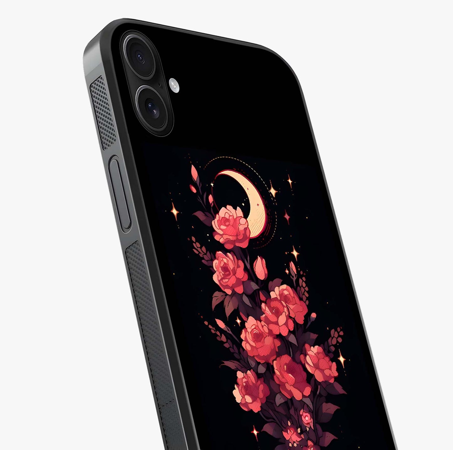 Moonlit Floral Elegance Glass Case captured at a warm angle highlighting gloss, texture and premium glass finish.