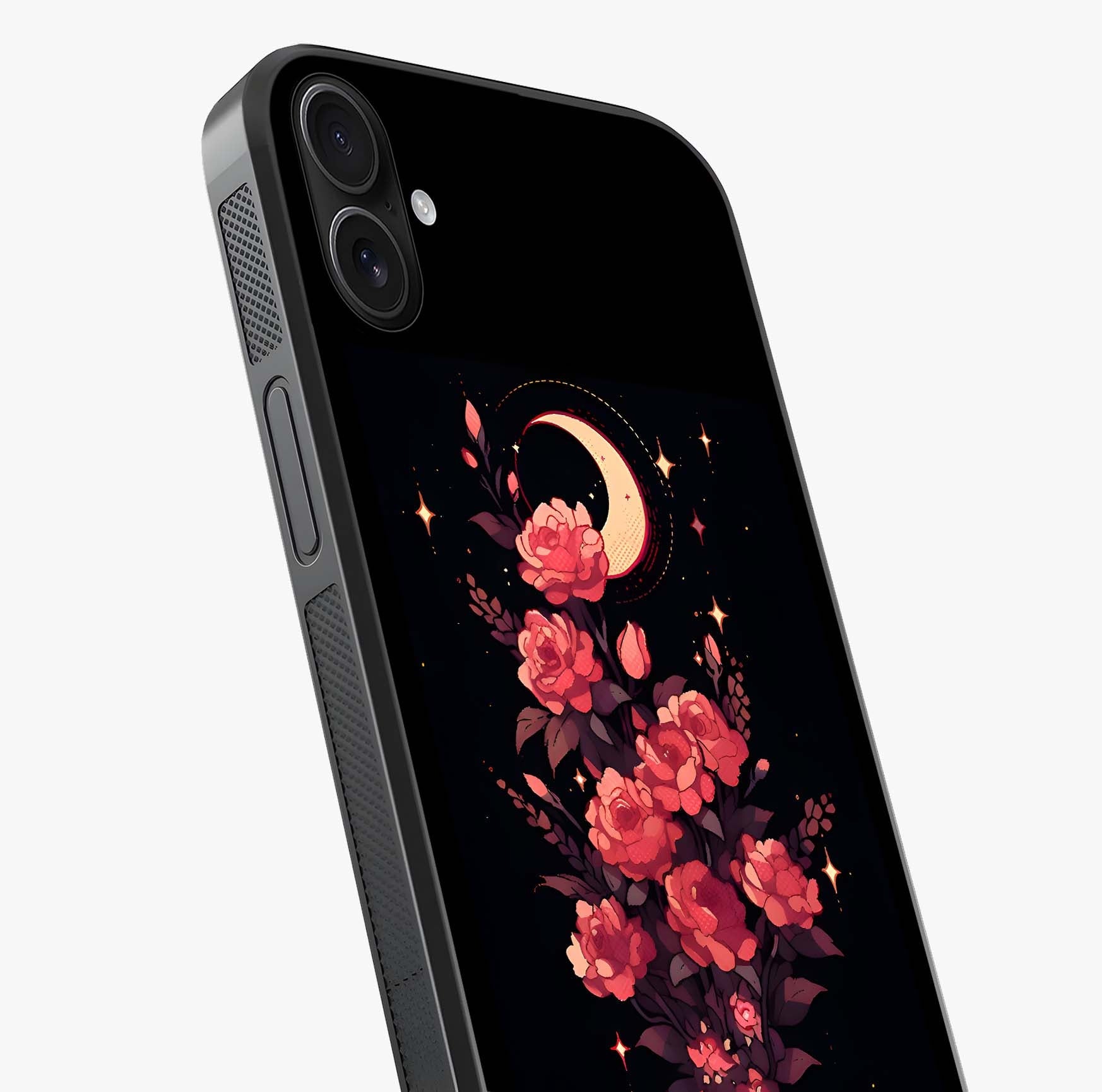 Moonlit Floral Elegance Glass Case captured at a warm angle highlighting gloss, texture and premium glass finish.