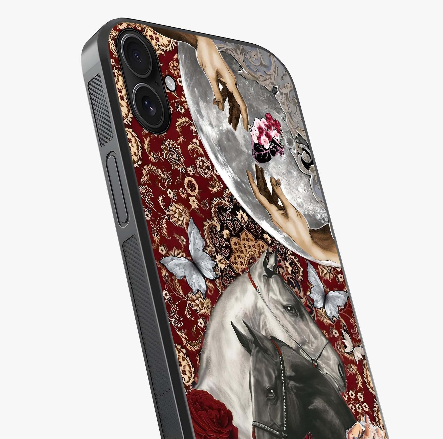 Moonlit Royal Stallion Glass Case captured at a warm angle highlighting gloss, texture and premium glass finish.