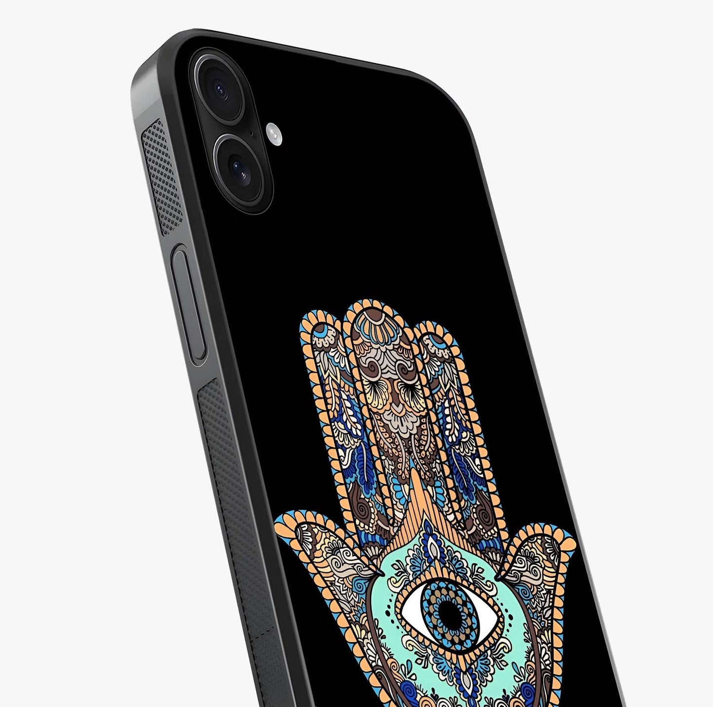 Mystic Hamsa Eye Glass Case captured at a warm angle highlighting gloss, texture and premium glass finish.