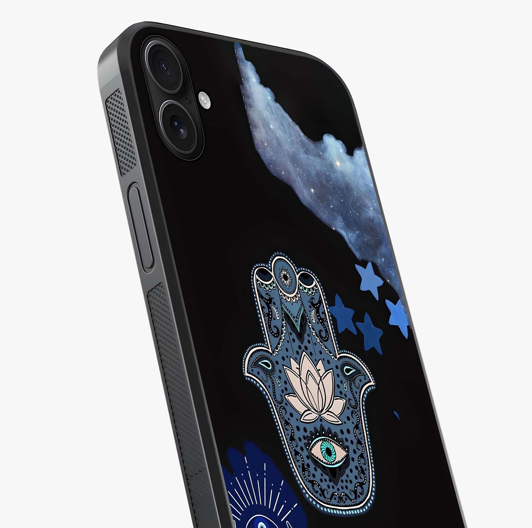Mystic Hand Aura Glass Case captured at a warm angle highlighting gloss, texture and premium glass finish.