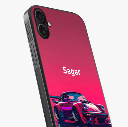 Neon Pink Porsche Glass Case captured at a warm angle highlighting gloss, texture and premium glass finish.
