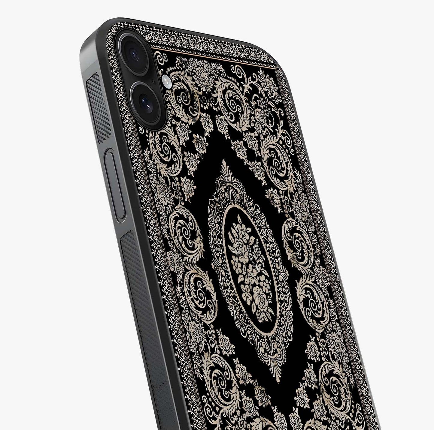 Noir Bloom Elegance Glass Case captured at a warm angle highlighting gloss, texture and premium glass finish.