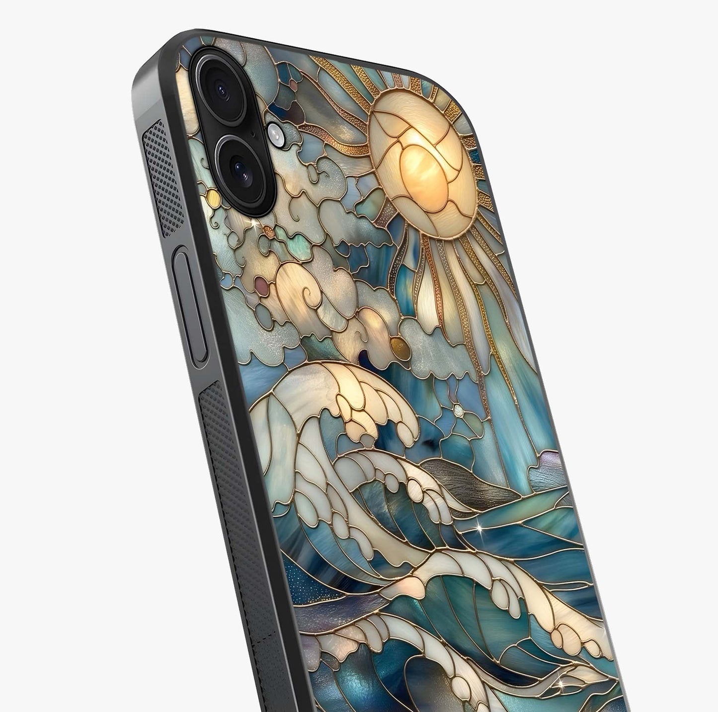 Oceanic Stained Printed Glass Case captured at a warm angle highlighting gloss, texture and premium glass finish.