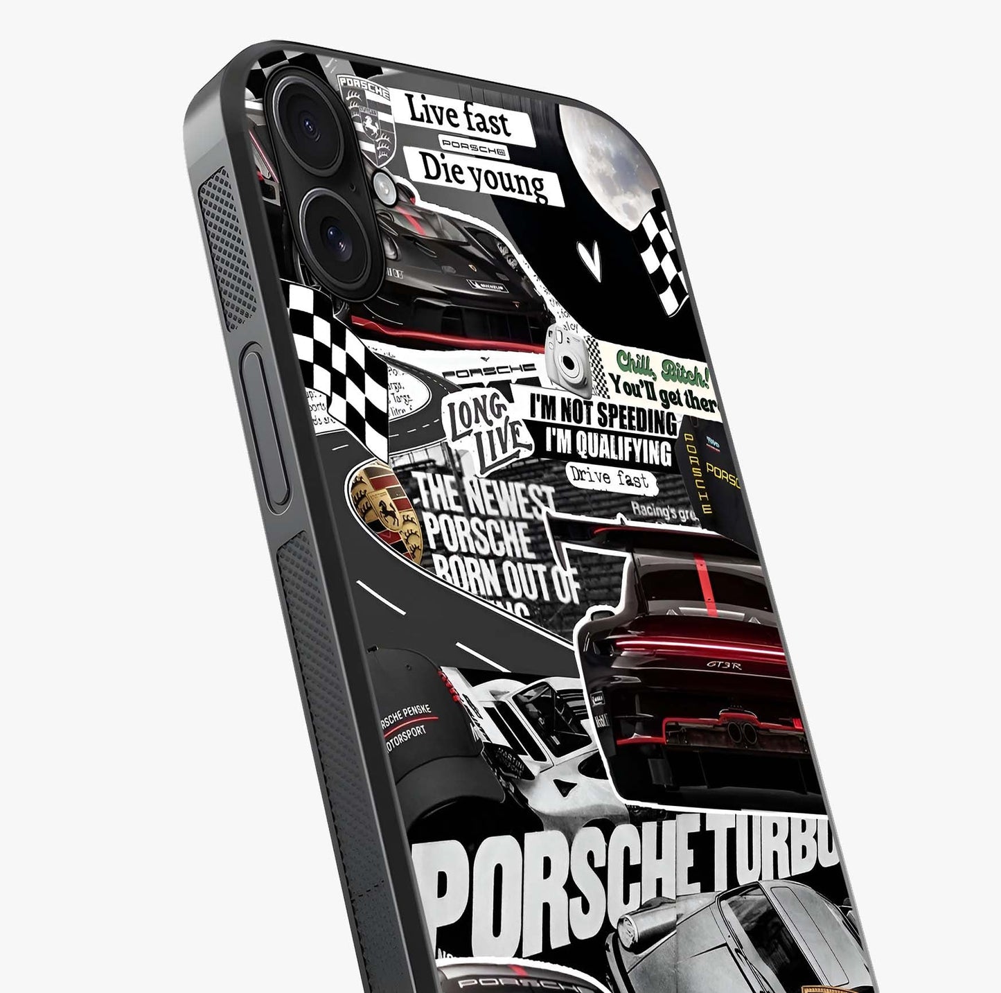 Porsche Racing Collage Glass Case captured at a warm angle highlighting gloss, texture and premium glass finish.
