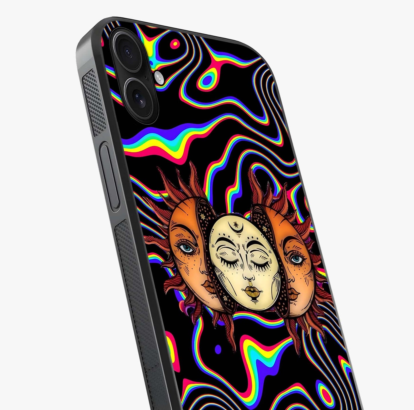 Psychedelic Sun Glass Case captured at a warm angle highlighting gloss, texture and premium glass finish.