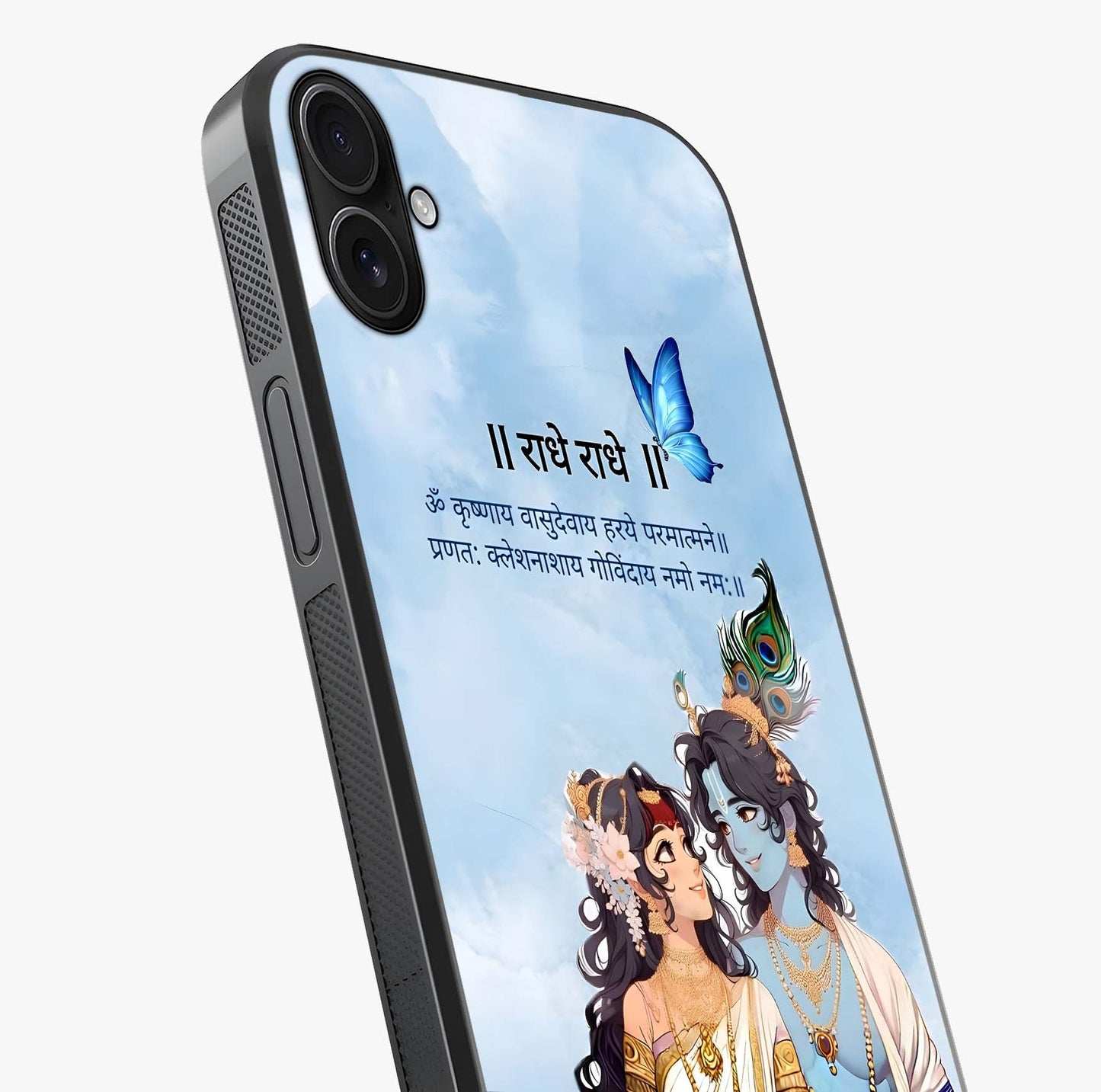Radha Krishna Eternal Glass Case captured at a warm angle highlighting gloss, texture and premium glass finish.