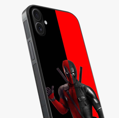 Red & Black Deadpool Theme Glass Case captured at a warm angle highlighting gloss, texture and premium glass finish.