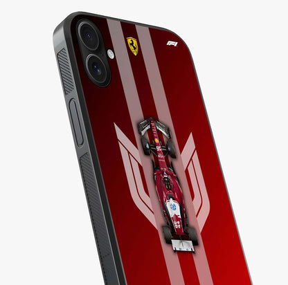 Red Ferrari F1 Vertical Glass Case captured at a warm angle highlighting gloss, texture and premium glass finish.