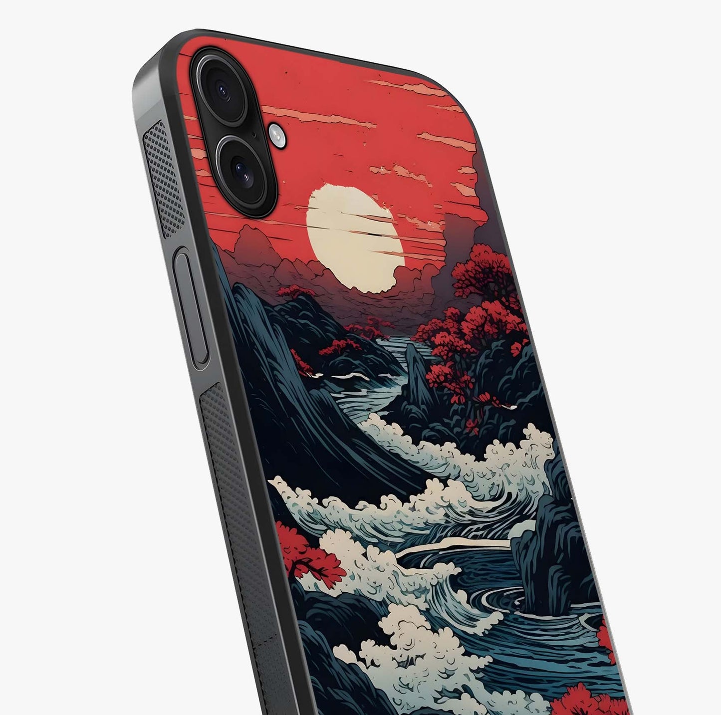 Red Sunset Scenery Glass Case captured at a warm angle highlighting gloss, texture and premium glass finish.