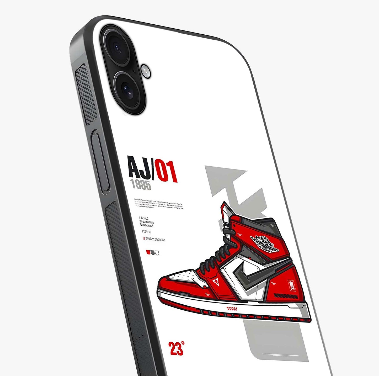 Retro Sneaker Blueprint Glass Case captured at a warm angle highlighting gloss, texture and premium glass finish.