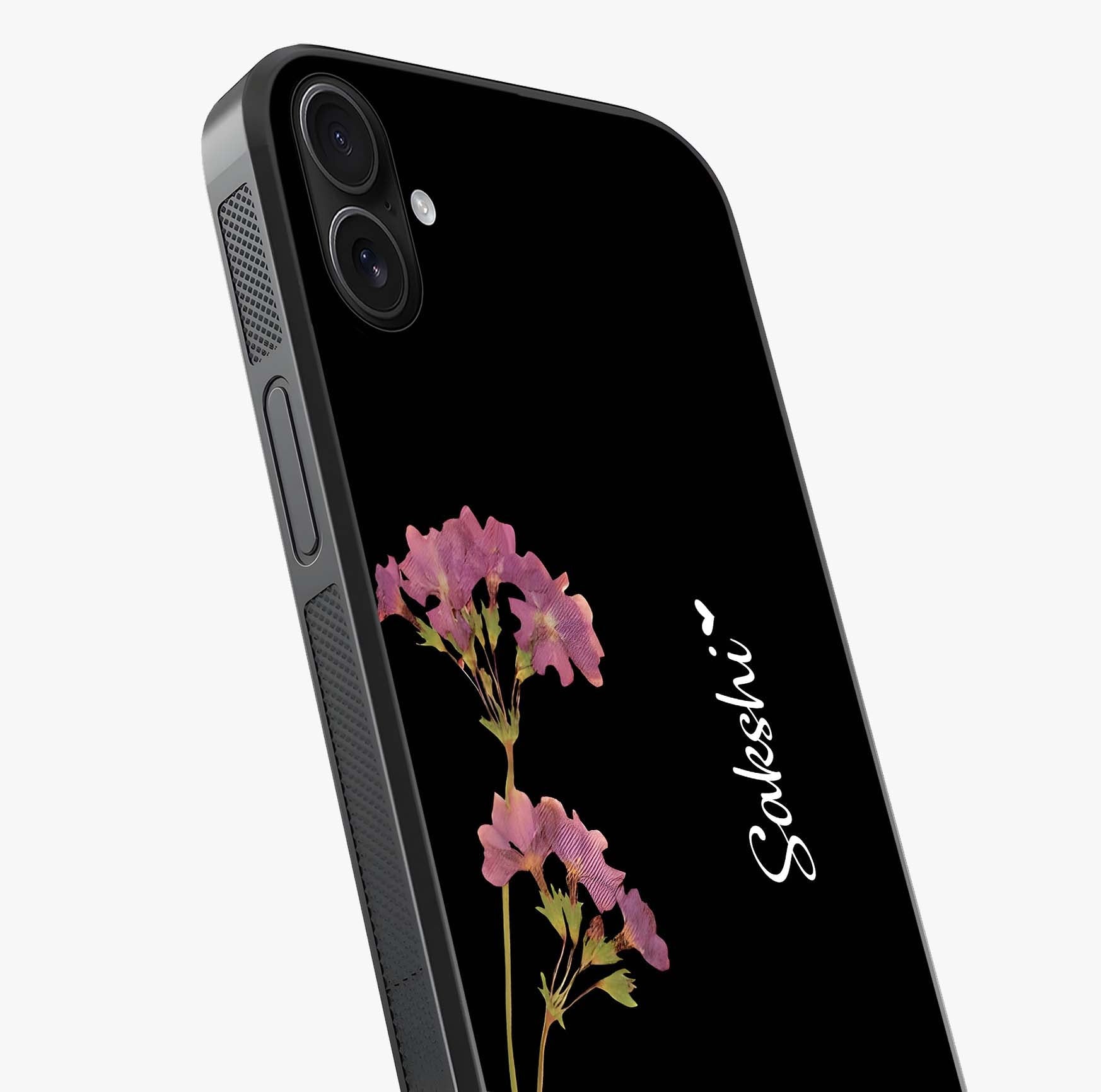 Riching Lavender Flower Custom Name Glass Case captured at a warm angle highlighting gloss, texture and premium glass finish.