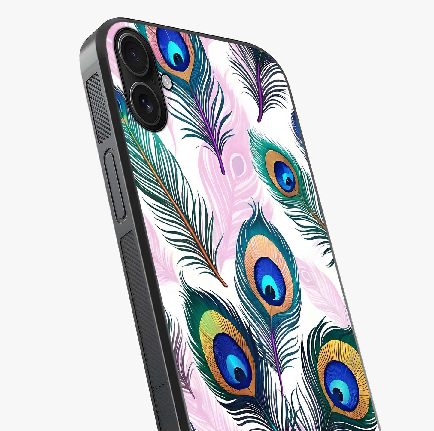Royal Peacock Feathers Glass Case captured at a warm angle highlighting gloss, texture and premium glass finish.