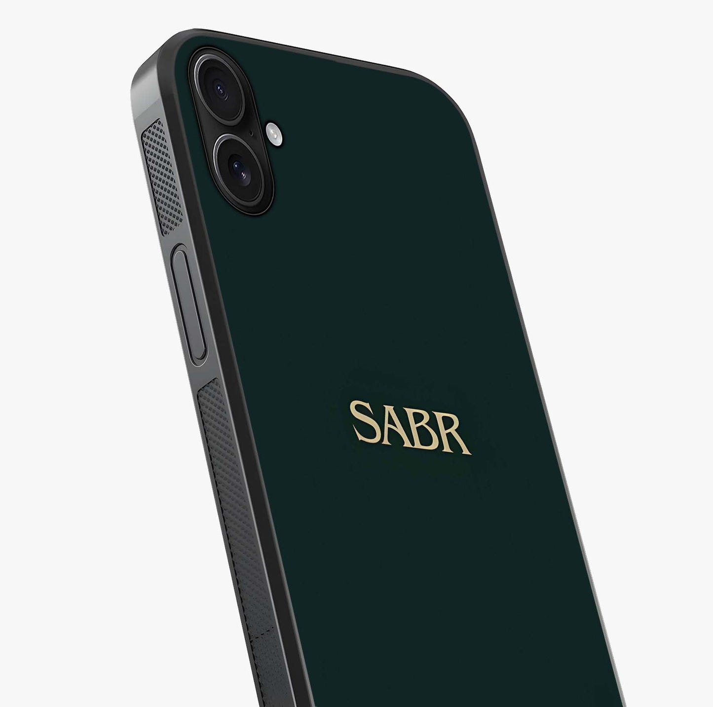 Sabr Minimal Patience Glass Case captured at a warm angle highlighting gloss, texture and premium glass finish.