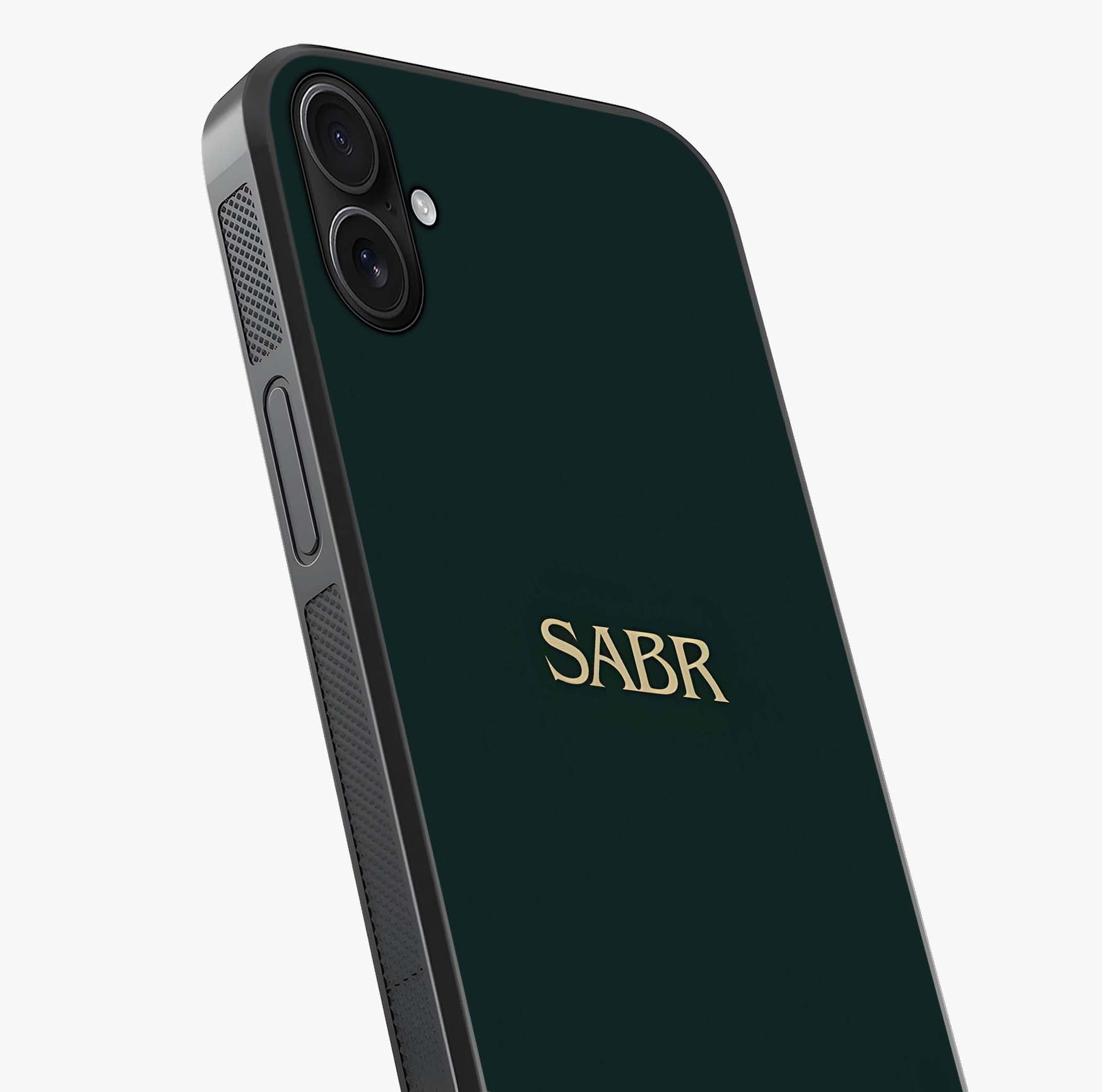 Sabr Minimal Patience Glass Case captured at a warm angle highlighting gloss, texture and premium glass finish.
