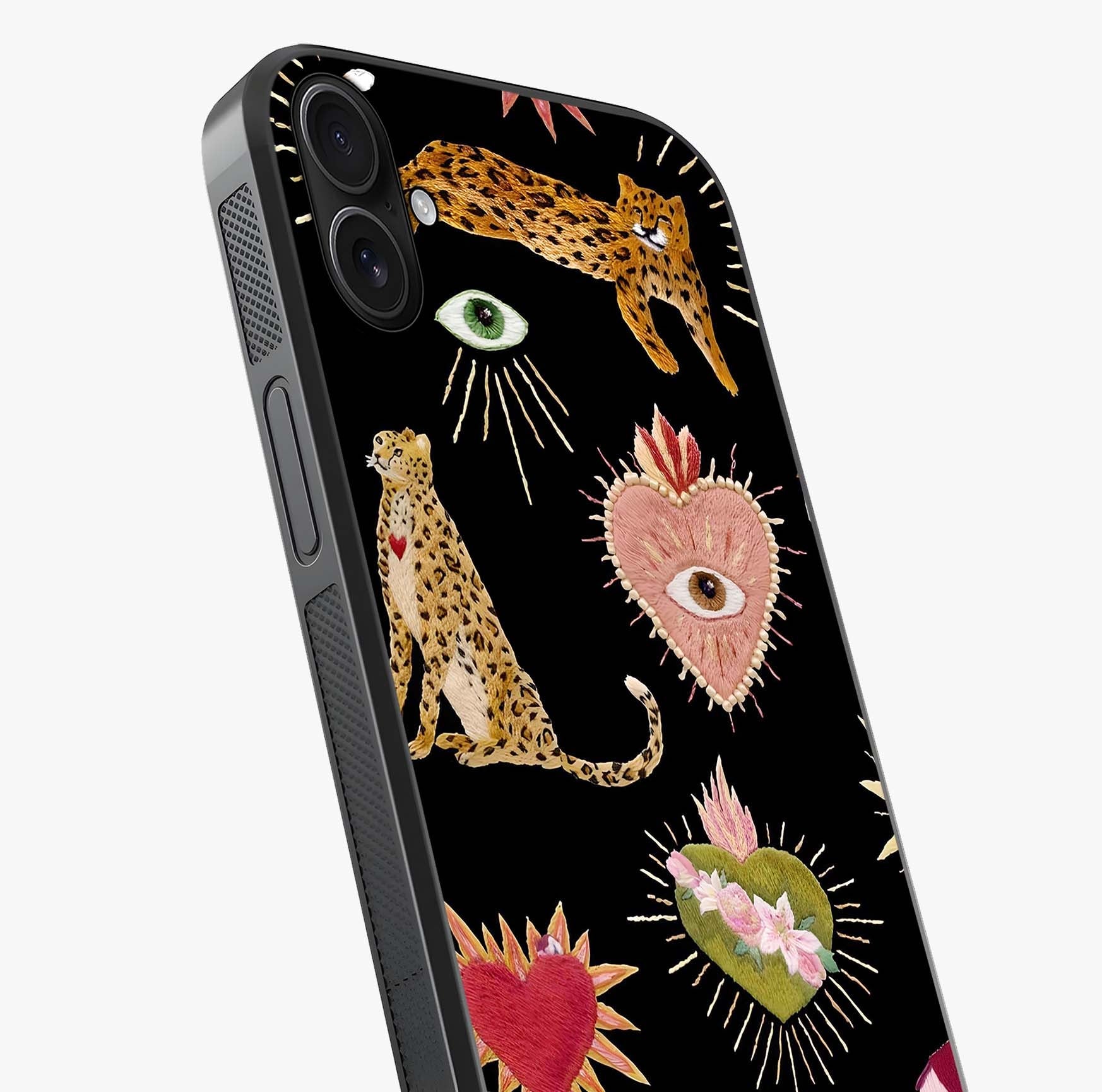 Sacred Jungle Heart Glass Case captured at a warm angle highlighting gloss, texture and premium glass finish.