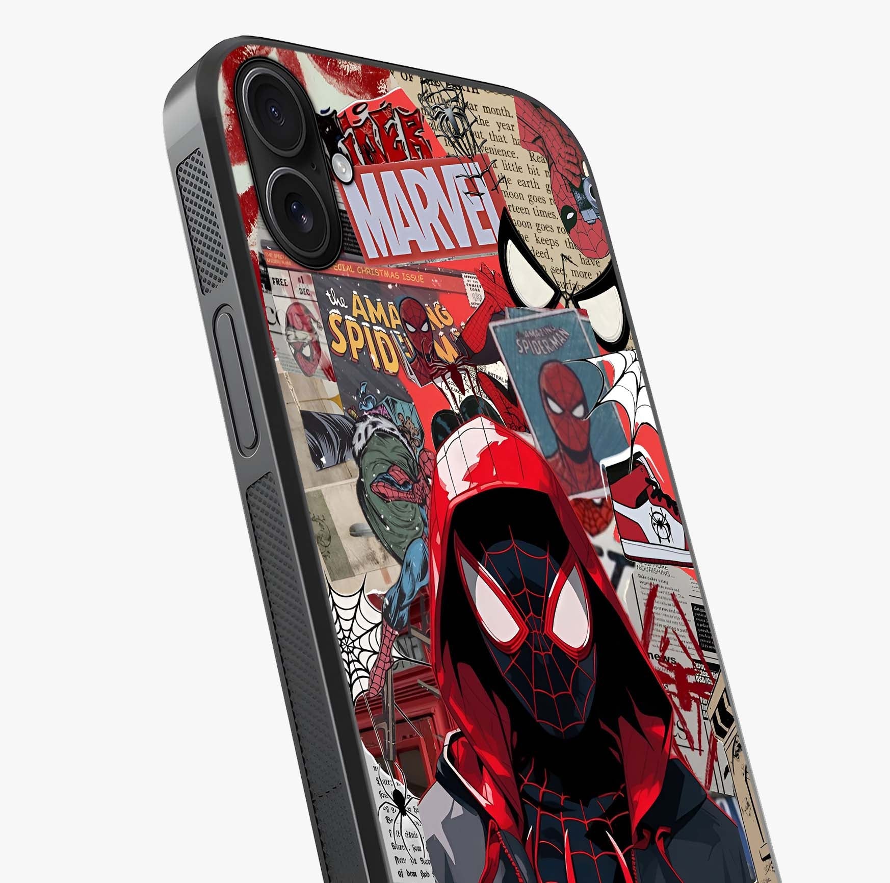 Spider Collage Street Glass Case captured at a warm angle highlighting gloss, texture and premium glass finish.