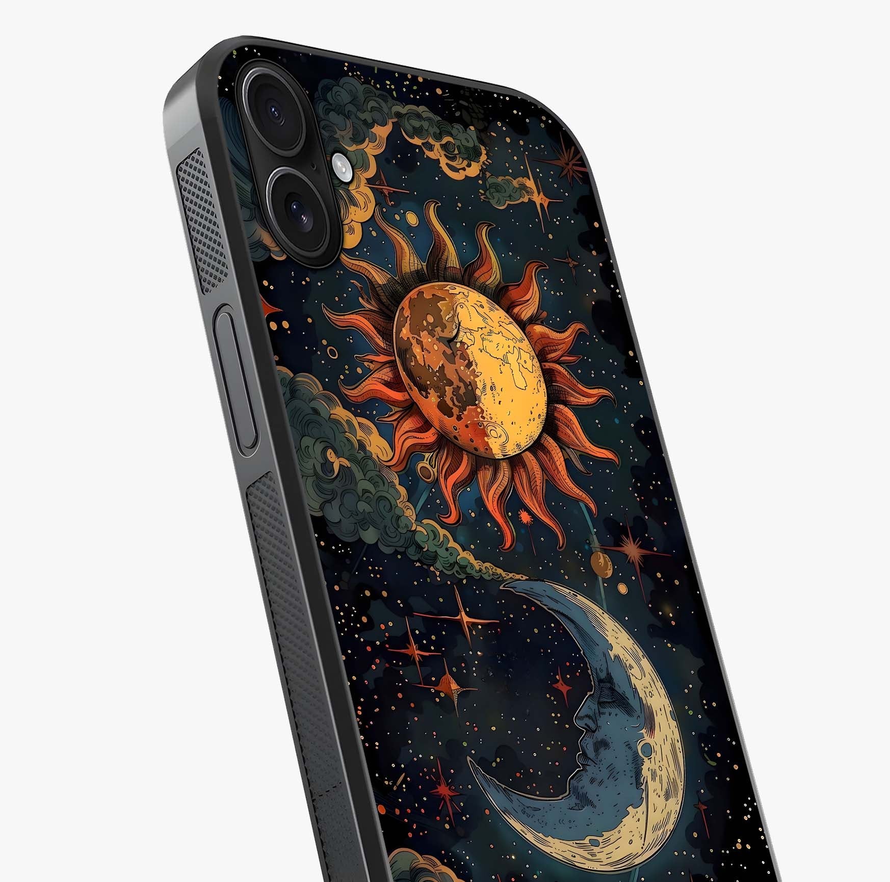 Sun And Moon Magic Design Glass Case captured at a warm angle highlighting gloss, texture and premium glass finish.