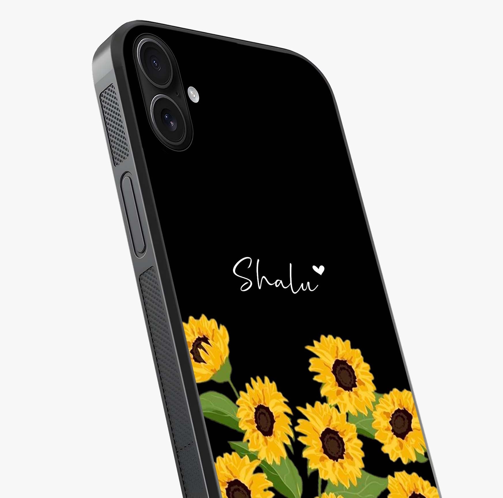 Sunflower Chic Mood Custom Name Glass Case captured at a warm angle highlighting gloss, texture and premium glass finish.