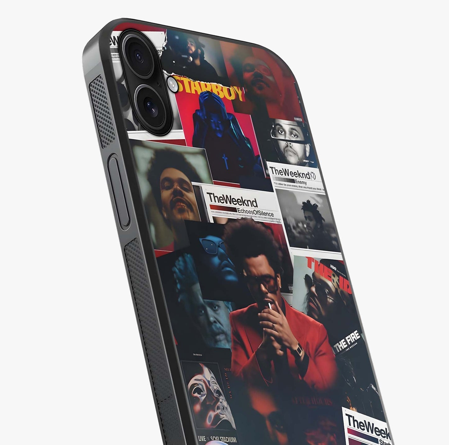 The Weeknd Glass Case captured at a warm angle highlighting gloss, texture and premium glass finish.