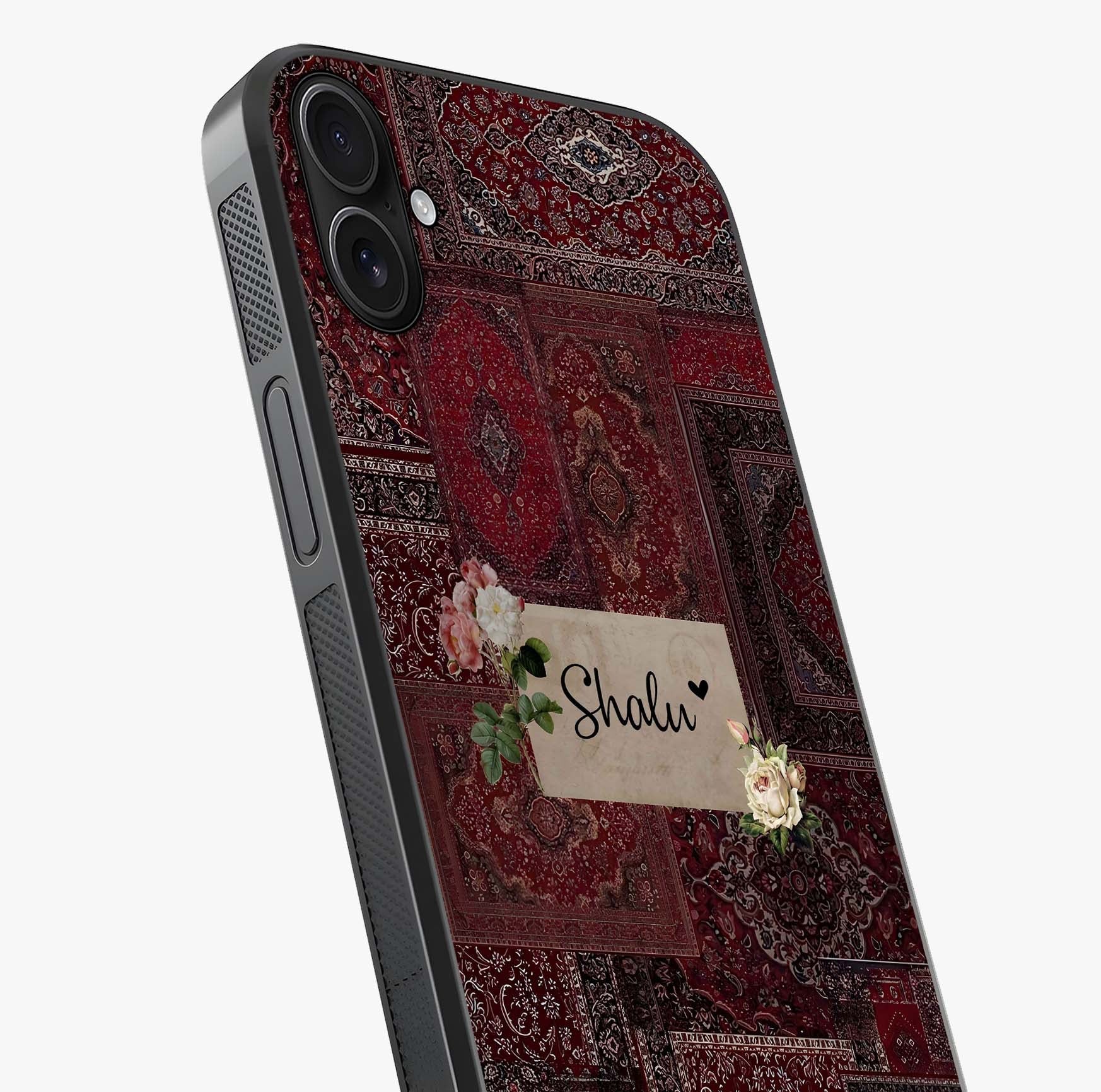Velvet Wine Pattern Custom Name Glass Case captured at a warm angle highlighting gloss, texture and premium glass finish.