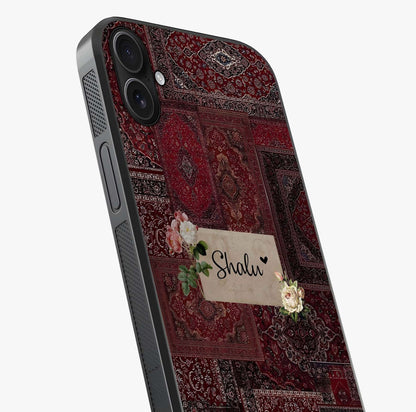 Velvet Wine Pattern Custom Name Glass Case captured at a warm angle highlighting gloss, texture and premium glass finish.