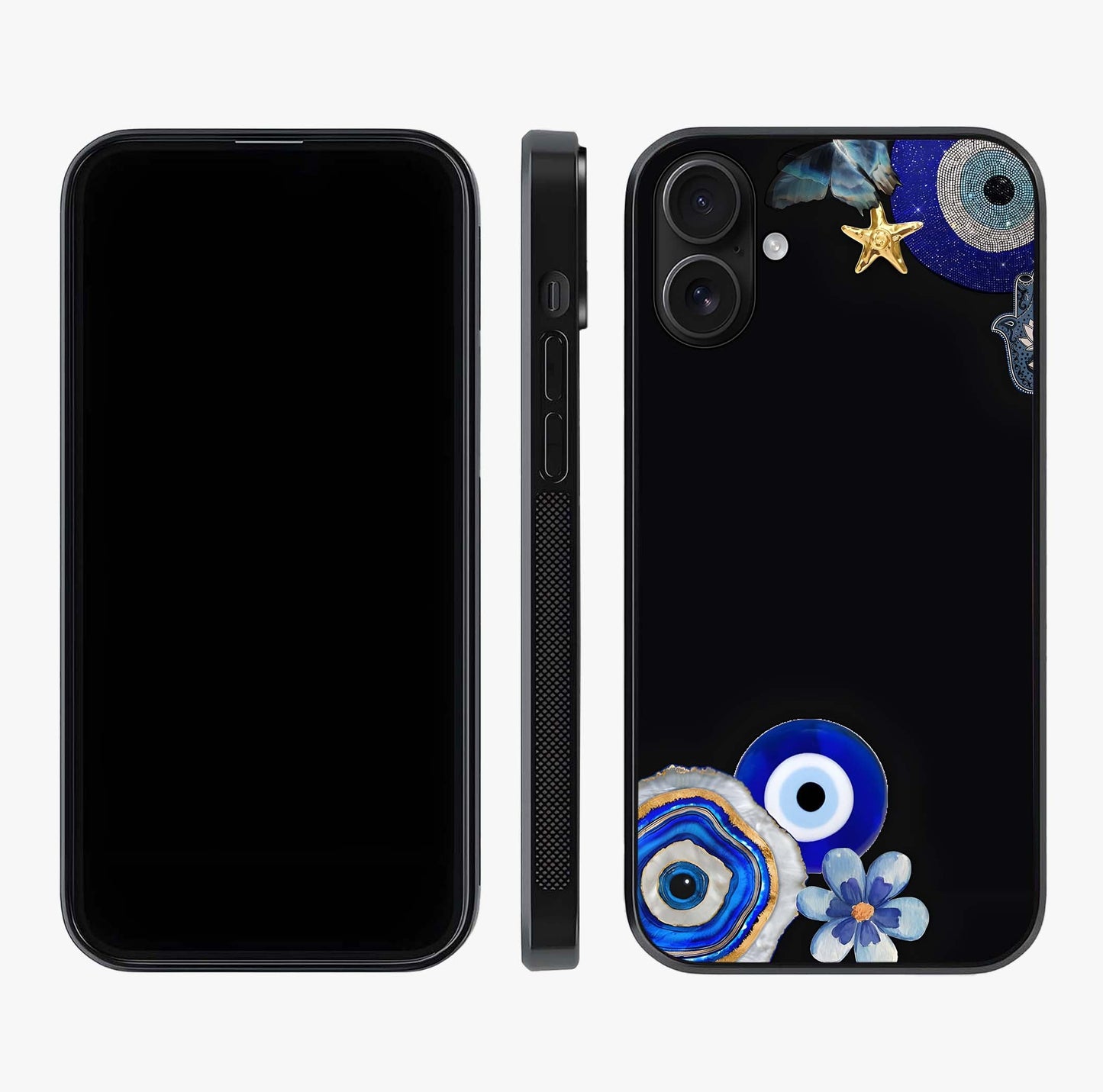 Aesthetic Blue Evil Eye Glass Case displayed upright for full design visibility and premium finish.