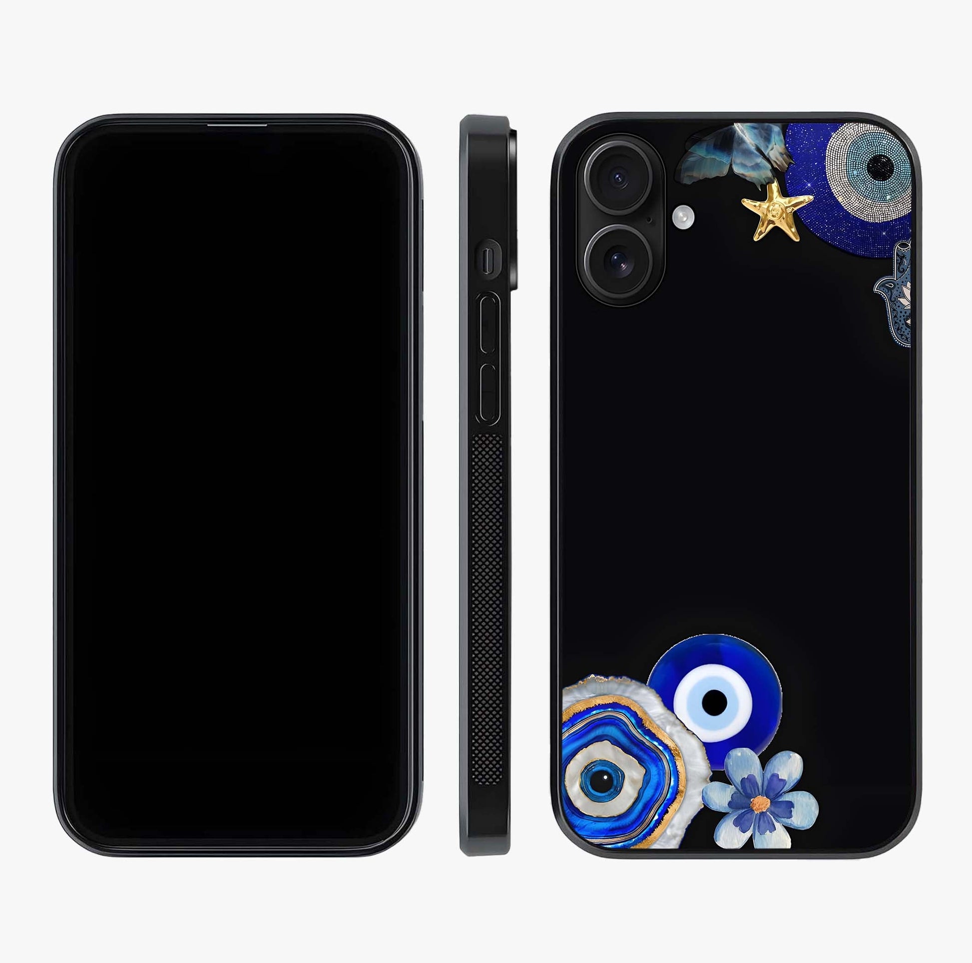 Aesthetic Blue Evil Eye Glass Case displayed upright for full design visibility and premium finish.