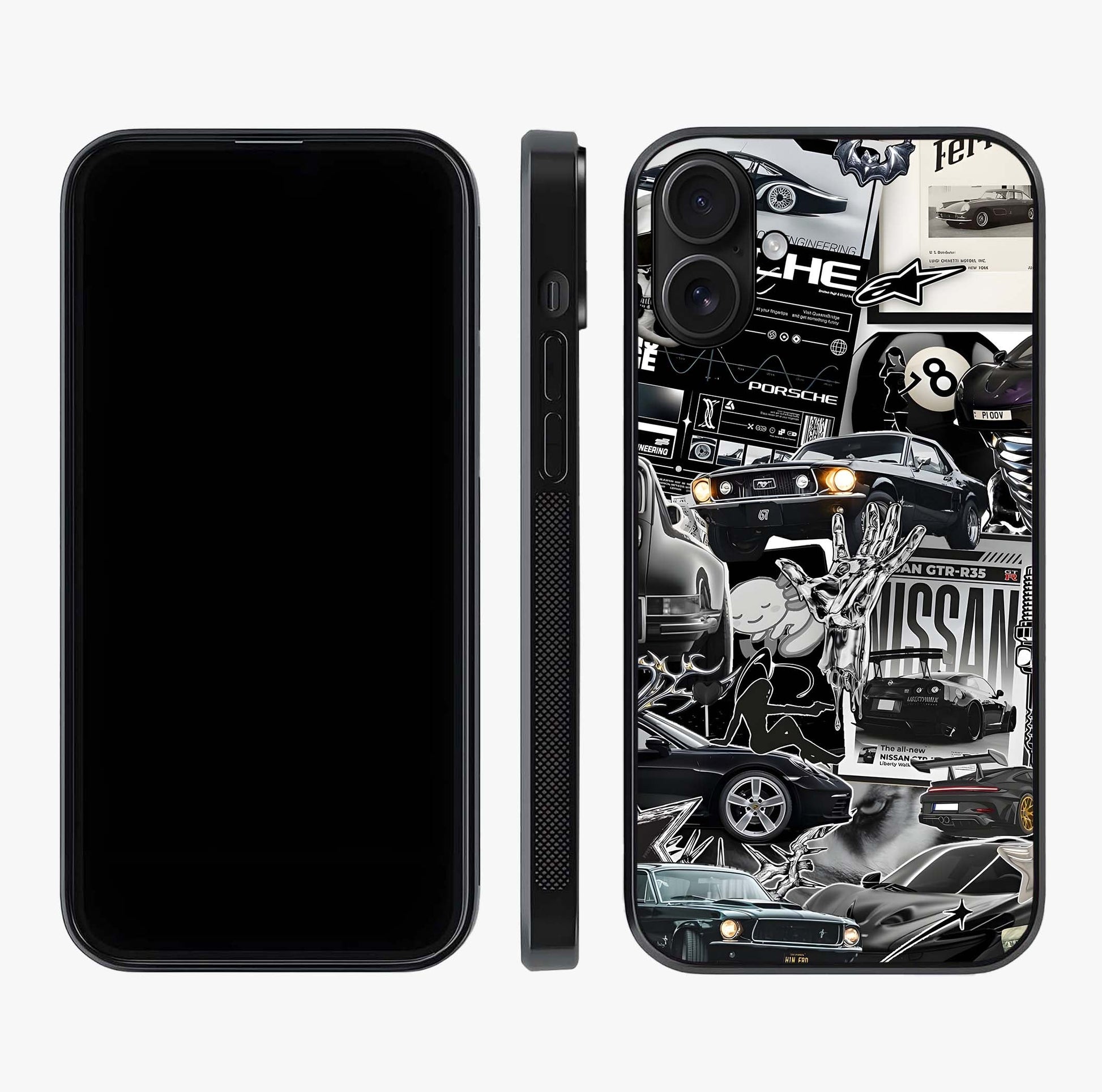 Aesthetic Dark Love Glass Case displayed upright for full design visibility and premium finish.