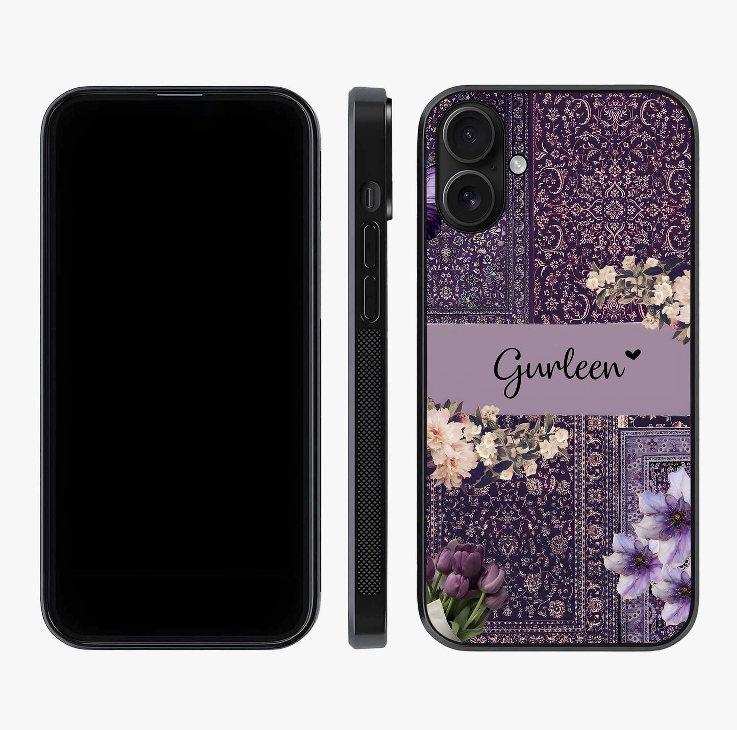 Antique Floral Whisper Custom Name Glass Case displayed upright for full design visibility and premium finish.
