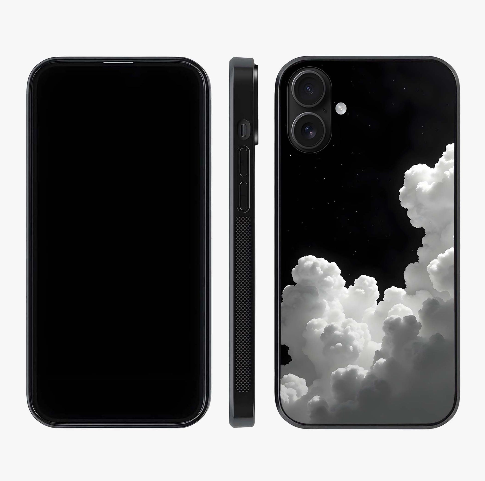 Black Background With White Cloud Glass Case displayed upright for full design visibility and premium finish.