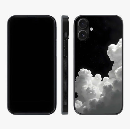 Black Background With White Cloud Glass Case displayed upright for full design visibility and premium finish.