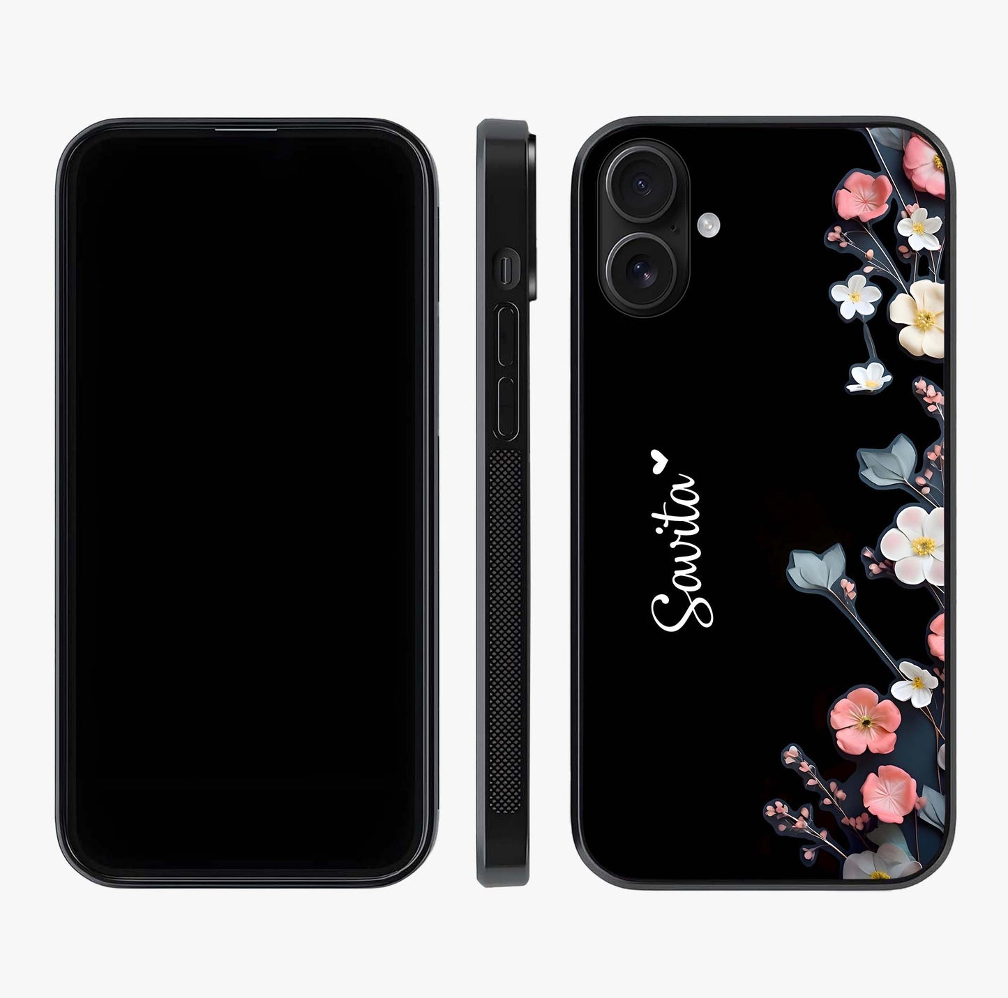 Black Elegance Floral Custom Name Glass Case displayed upright for full design visibility and premium finish.