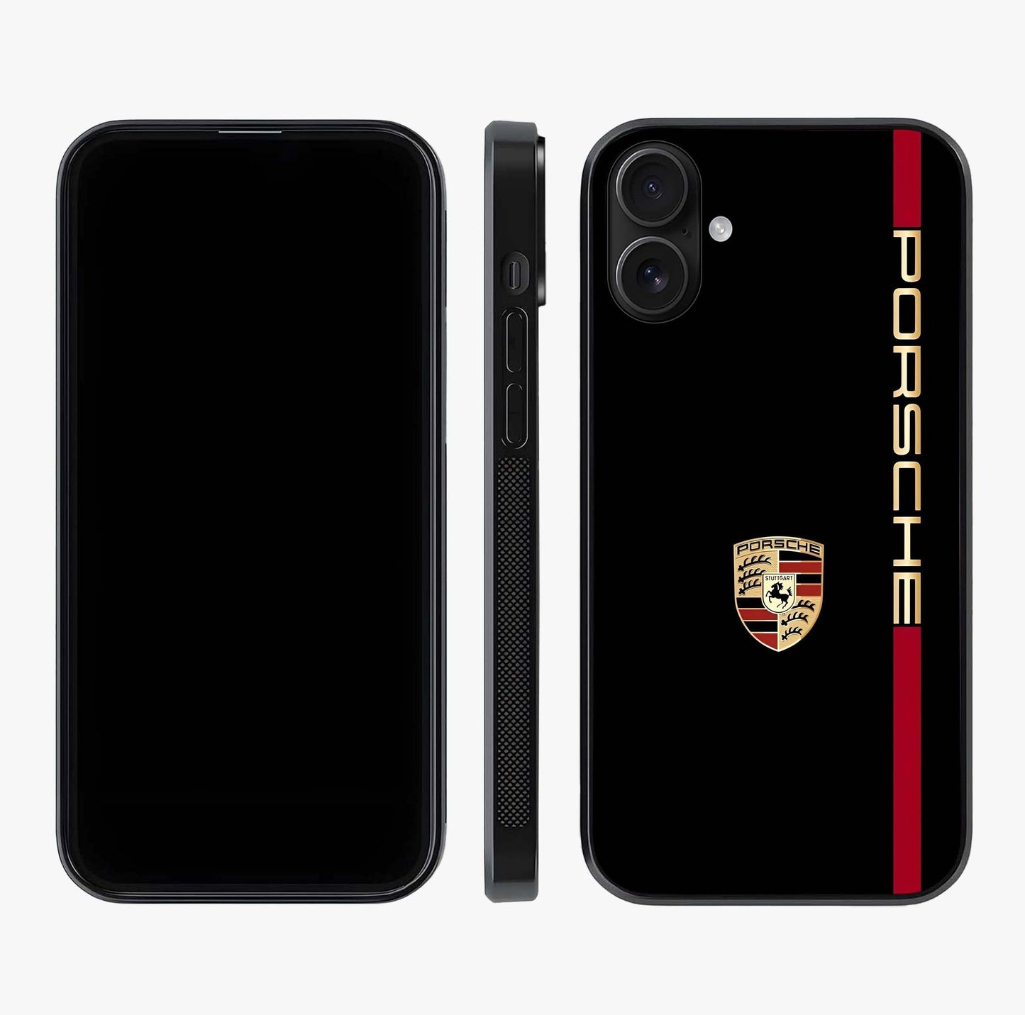 Black Minimal Porsche Glass Case displayed upright for full design visibility and premium finish.