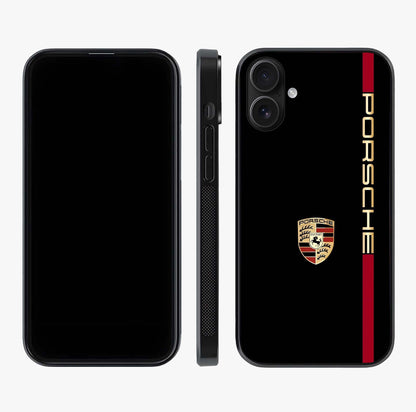 Black Minimal Porsche Glass Case displayed upright for full design visibility and premium finish.