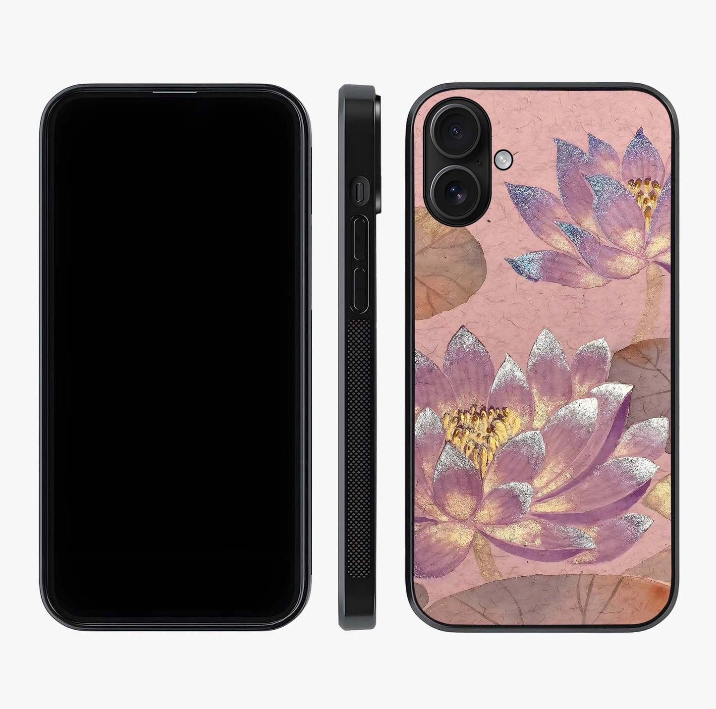 Blossom Mist Lotus Glass Case displayed upright for full design visibility and premium finish.