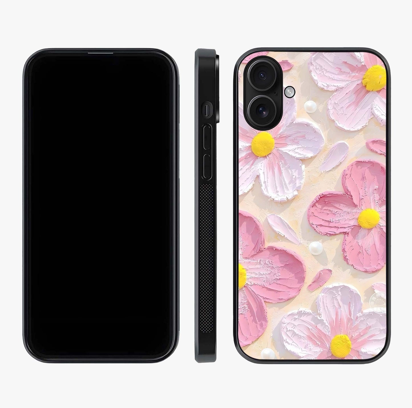 Blush Bloom Texture Glass Case displayed upright for full design visibility and premium finish.