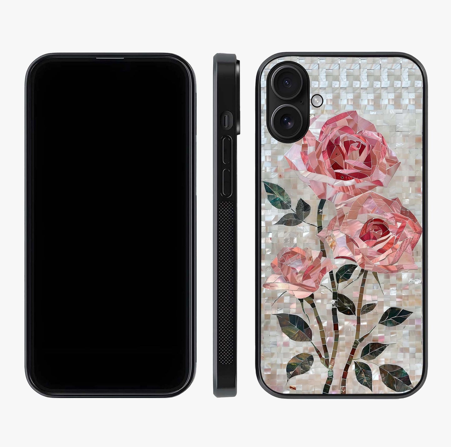 Blush Mosaic Bloom Glass Case displayed upright for full design visibility and premium finish.
